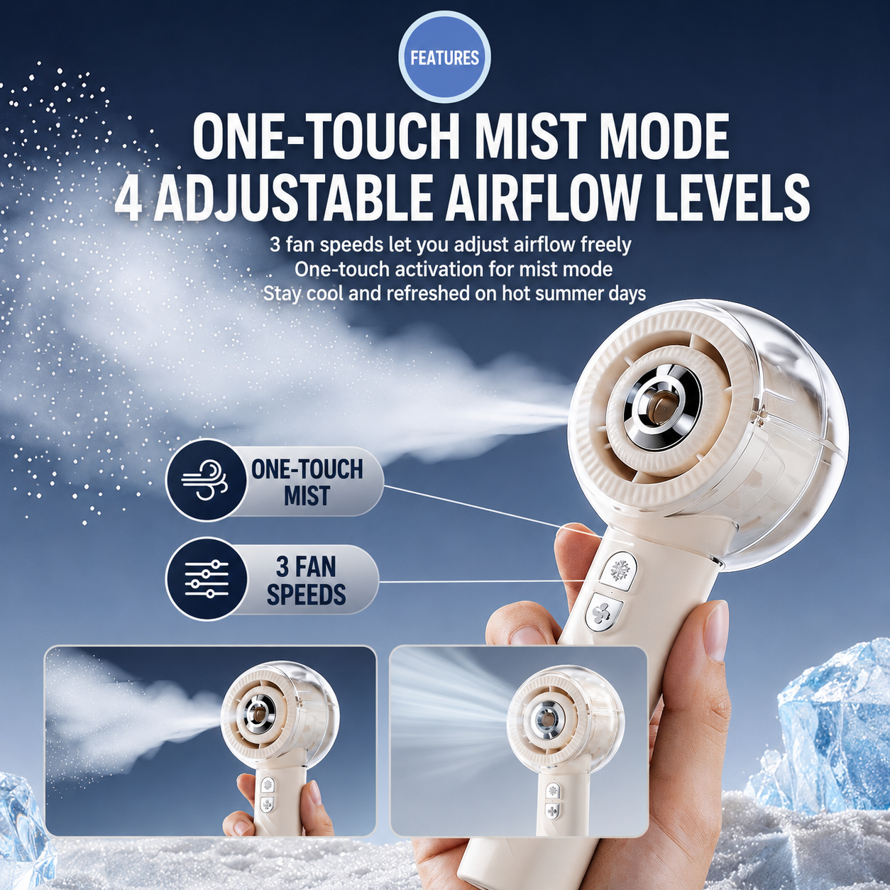 Billhol® Portable Handheld Misting Fan – Compact, Quiet, Rechargeable, and Outdoor-Friendly with Turbo Cooling Technology