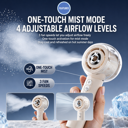 Billhol® Portable Handheld Misting Fan – Compact, Quiet, Rechargeable, and Outdoor-Friendly with Turbo Cooling Technology